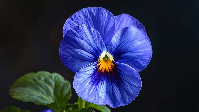 A vibrant blue flower with a yellow center blooms against a dark background