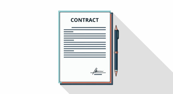 An official agreement document d "CONTRACT" sits with a pen ready for signing, casting a long shadow