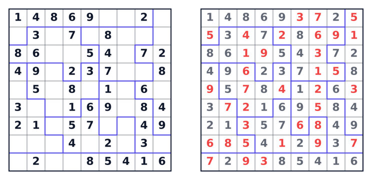 Sudoku jigsaw puzzle easy level for adults, 9x9 grid printable with answers A4 format