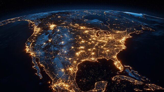 Nighttime satellite view of North America showing illuminated urban areas and highways highlighting population density and infrastructure.