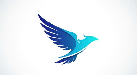 Fototapeta premium A modern and stylized blue bird logo in flight, featuring a gradient from dark blue to light cyan, against a clean white background.