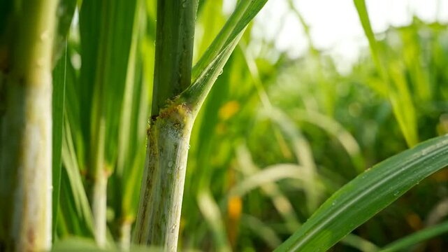 Close Up Sugarcane Growth Dewdrops Calm Natural Greenery Vibrant Agriculture Crop