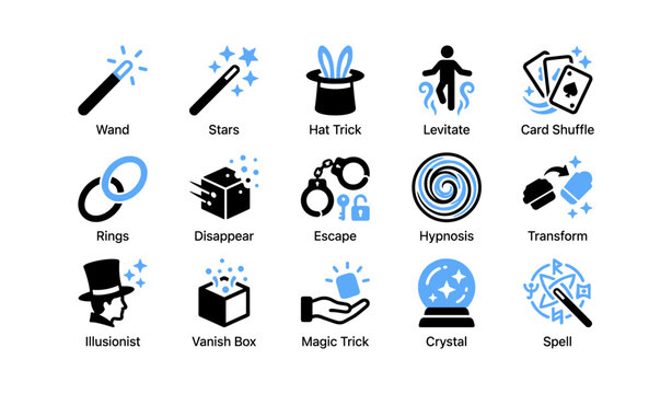 Magic and illusion icons showing tricks, props and special effects