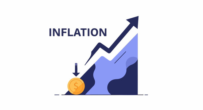 Stylized graph showing rising inflation with a downward arrow pointing to a falling coin