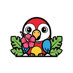 Obraz premium Playful cartoon parrot perched with a hibiscus flower in bright colors