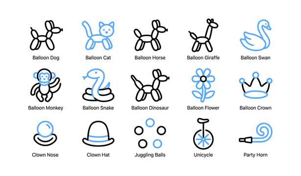 Balloon animal and party icons displayed in grid layout