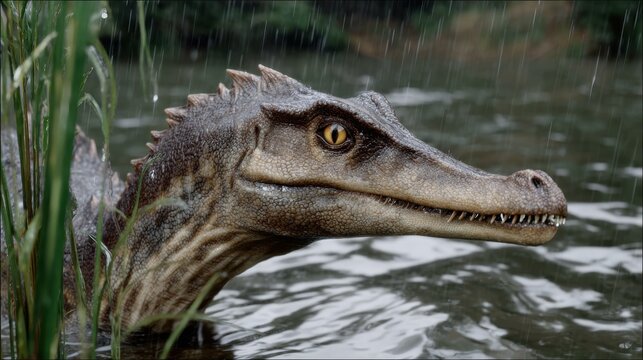 Realistic dinosaur in rainy swamp environment with water droplets on scales