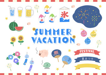 Fototapeta premium 夏祭りのイラスト素材セット 夏の素材コレクション 花火 かき氷 風鈴 ヨーヨー フラットデザイン