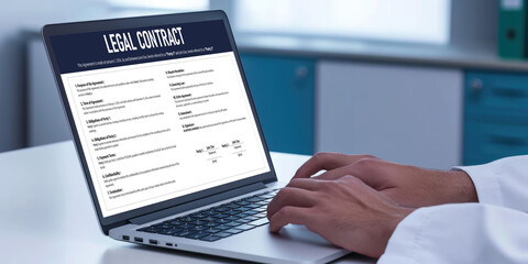 Obraz premium Digital legal contract provide terms and conditions document on computer screen ready for online digital signature for deal agreement of future business brisk