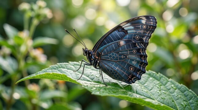 Macro shot of a vibrant monarch butterfly resting on a green leaf in a sunny garden, symbolizing bio-indicators, biodiversity, and environmental health.