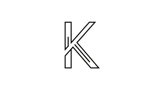 A stylized black outline letter K on a plain white background, featuring geometric lines and a modern design.