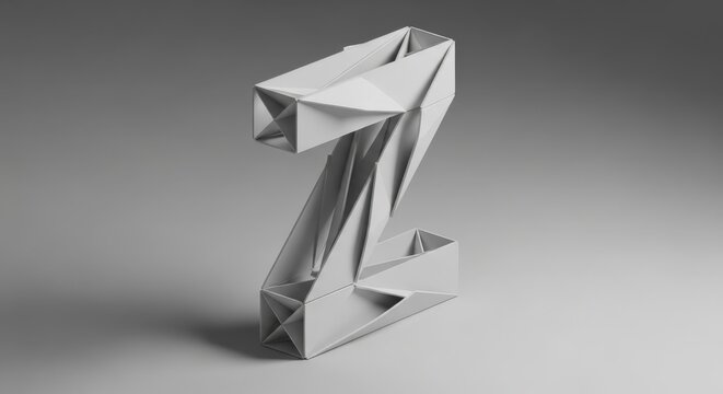 Geometric white origami-style letter Z sculpture with sharp angles and shadows on a neutral grey background, showcasing modern design.