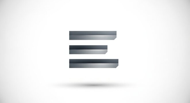 Metallic 3D letter E logo design with horizontal bars and subtle shadow on a clean white background.