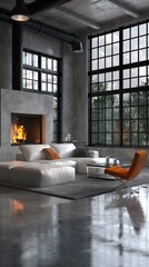 Obraz premium Industrial chic modern living room with high ceiling, large grid windows and polished concrete floor with fireplace for luxury lounge background and interior design
