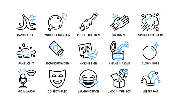 Prank and comedy icons arranged in a grid on white background