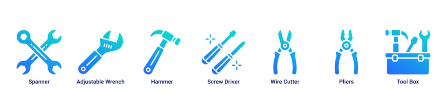 Workshop Kit web banner icon vector illustration with Spanner, Adjustable Wrench, Hammer, Screw Driver, Wire Cutter, Pliers and Tool Box