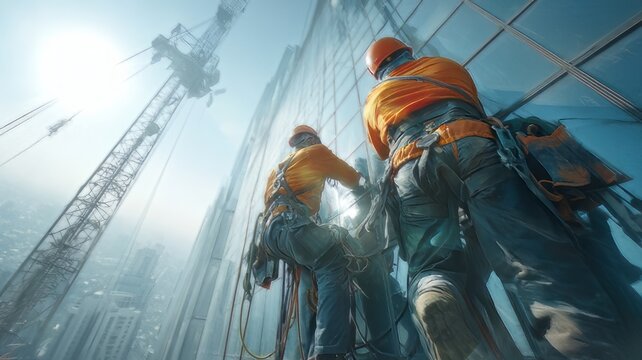 Telecommunication Workers Installing Equipment for Digital Connectivity In an Urban Area, workers on a construction site, workers at work, construction workers on a building