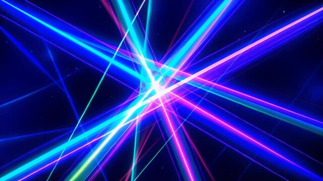 Colorful neon glowing laser beams crossing and moving on a dark blue background with particles