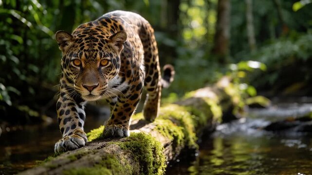 Powerful jaguar walking on a fallen tree trunk crossing a river in a lush, dense green jungle