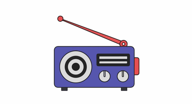 A cartoon illustration of a retro purple radio with a red antenna and knobs