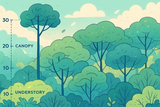 Lush forest cross-section showing canopy and understory layers with height scale, stylized in cartoon style, under bright daylight sky. Ai generative