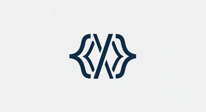 A modern, abstract logo featuring stylized curly braces and an intertwined 'X' or 'V' shape in dark blue on a light background, representing a clean and professional design.