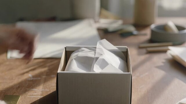 Hands carefully packing ceramic craft into protective wrapping for shipping