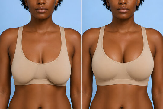 Before and after breast lift surgery on African American woman, mastopexy plastic surgery results, saggy breast correction