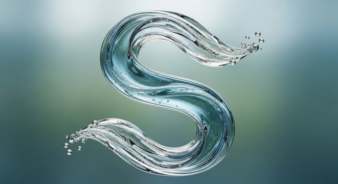 Dynamic letter S formed by clear splashing water with droplets on a blurred green and blue background.