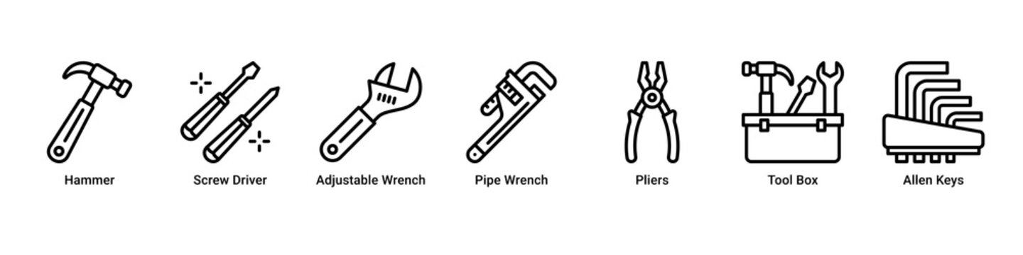 Tool Repair web banner icon vector illustration with Hammer, Screw Driver, Adjustable Wrench, Pipe Wrench, Pliers, Tool Box and Allen Keys for repair services