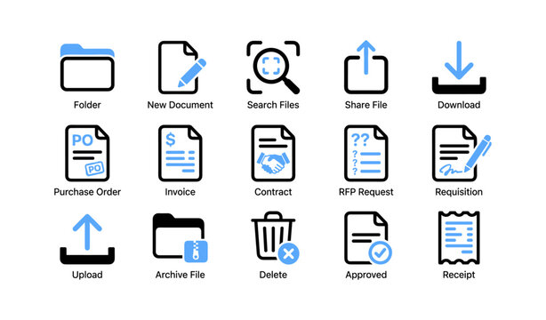 Document and file icons arranged in grid on white background