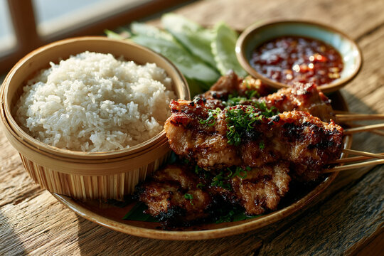 Thai food moo ping grilled pork skewers