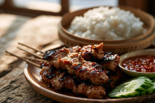 Thai food moo ping grilled pork skewers
