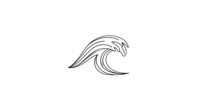 Stylized black and white line art illustration of a single ocean wave with a crest and flowing water lines, minimalist graphic design.