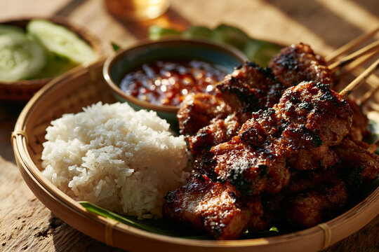 Thai food moo ping grilled pork skewers