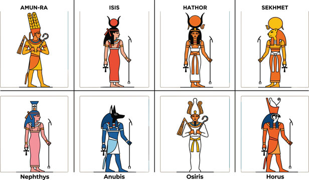 Ancient Egyptian gods and goddesses vector collection featuring Amun-Ra Isis Hathor Sekhmet Nephthys Anubis Osiris and Horus characters with historic symbols
