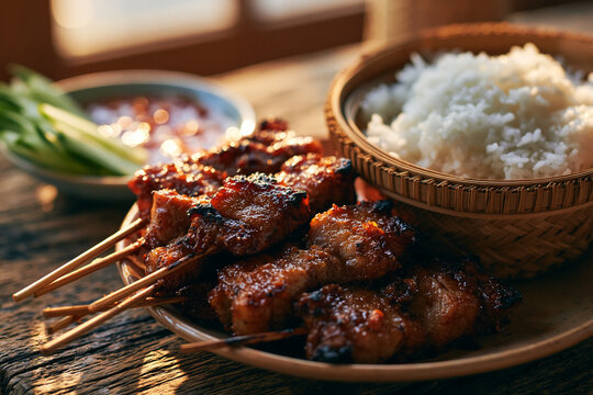 Thai food moo ping grilled pork skewers