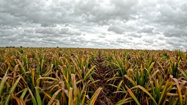 Stormy Sky over Withering Cornfield Rows Movement Agriculture Atmosphere Moody Harvest Landscape
