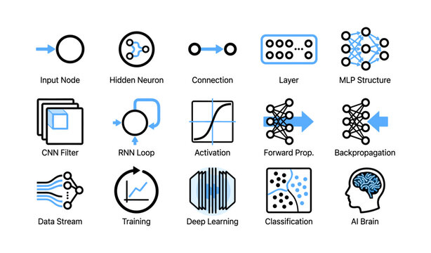 Machine learning and neural network icons arranged on white background