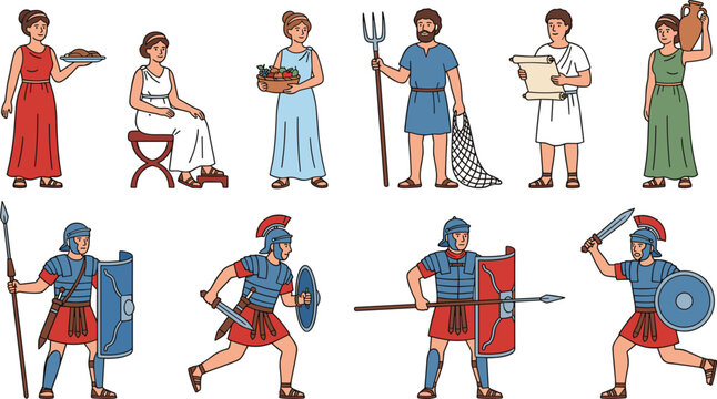 Ancient Roman citizens and legionary soldiers character set featuring emperors women senators gladiators gladius swords shields armor and historic costume vectors