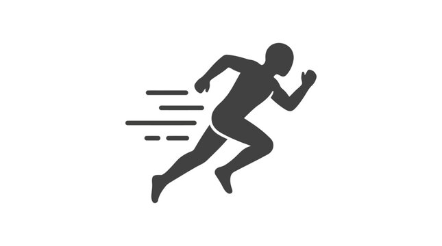A dark gray silhouette of a person running quickly to the right with motion lines on a white background.
