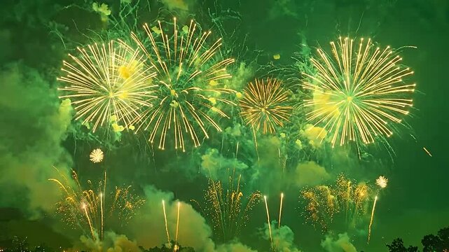 Bright golden fireworks explode against a dark green night sky background