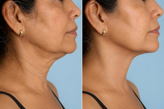 Before and after microneedling RF lifting on mature woman neck, radiofrequency skin tightening results, neck rejuvenation comparison
