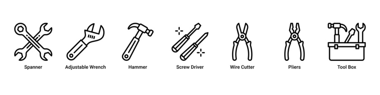 Workshop Kit web banner icon vector illustration with Spanner, Adjustable Wrench, Hammer, Screw Driver, Wire Cutter, Pliers and Tool Box