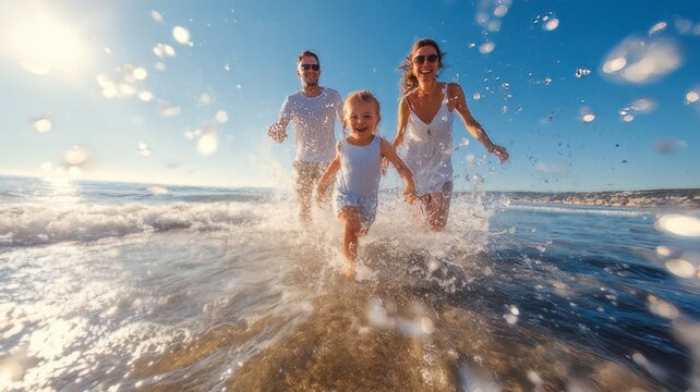 A joyful family with a young child running and splashing in the shallow ocean water at a sunny beach, young couple having fun on the beach, happy young couple having fun in the sea