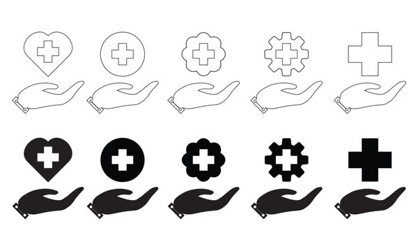 one hand icon set above which there are love, gear, circle and health cross icons. minimalist icon set.