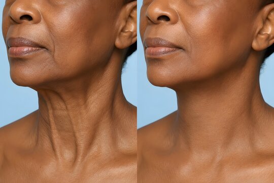 Before and after anti-aging botulinum toxin injection on mature woman neck, Nefertiti lift Botox results, platysma bands reduction comparison