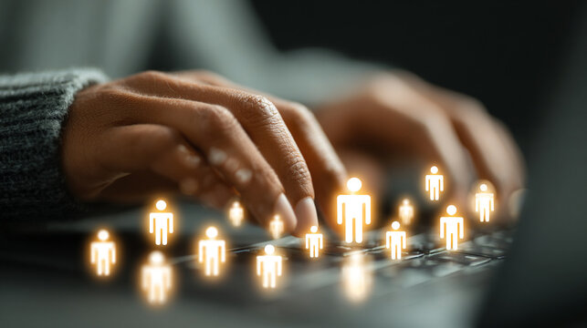 Close up of hands typing on laptop keyboard with glowing candlelight reflections on keys in dark room
