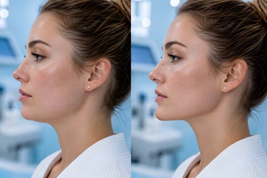 Before and after jawline filler injection on woman face, hyaluronic acid chin augmentation, mandibular angle contouring results