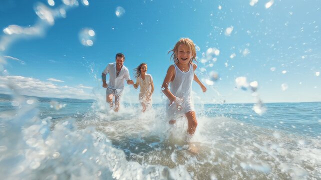A joyful family with a young child running and splashing in the shallow ocean water at a sunny beach, young couple having fun on the beach, happy young couple having fun in the sea